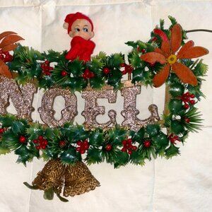 Vintage Plastic Christmas Elf Wreath Wall Door Decor NOEL Sign Jingle Bells